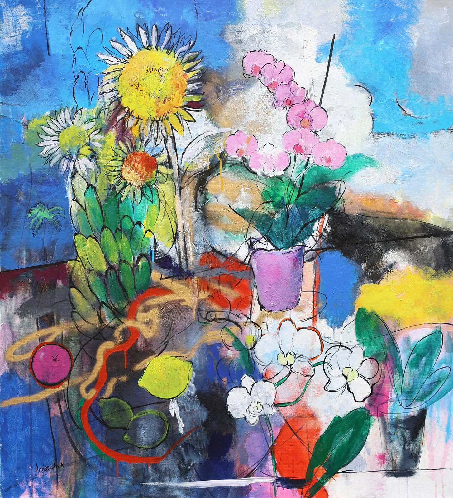 Sunflowers. Orchids. Fruits